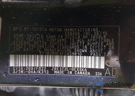 2015 Toyota Corolla S Plus from USA, damaged, VIN 2T1BURHE4FC459810